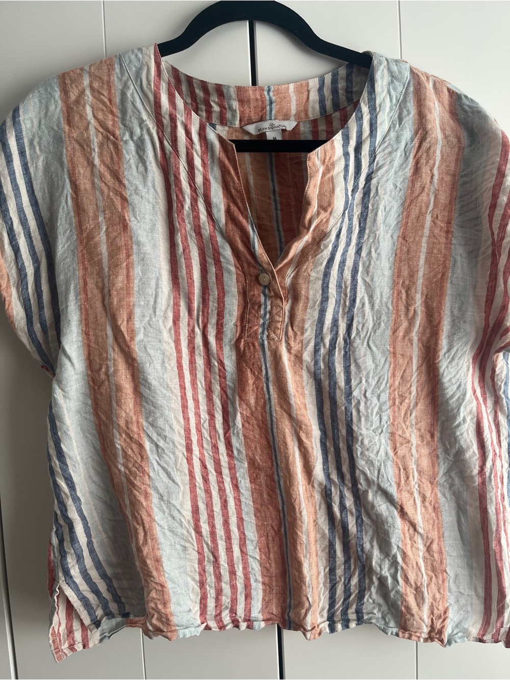 L.L. Bean Striped Short-Sleeve Tunic in Peach, Blue & Red
